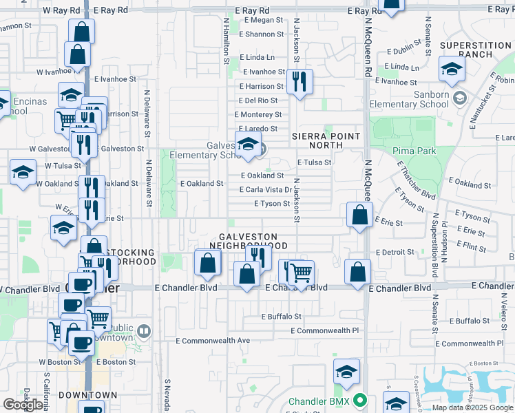 map of restaurants, bars, coffee shops, grocery stores, and more near 681 East Tyson Street in Chandler