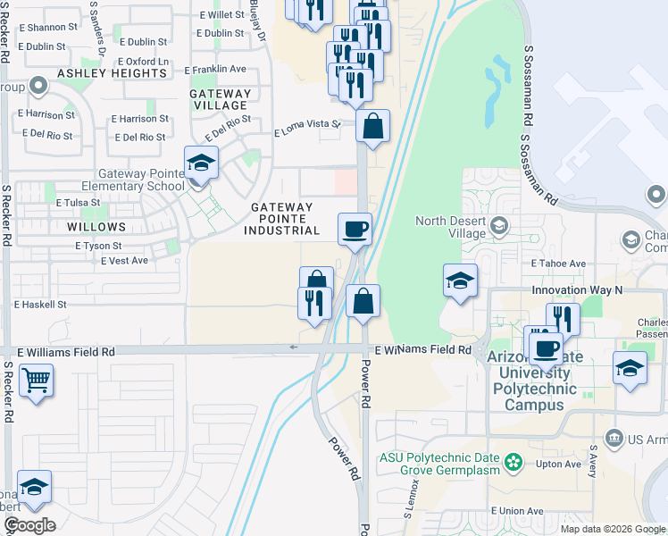 map of restaurants, bars, coffee shops, grocery stores, and more near 5850 South Power Road in Gilbert