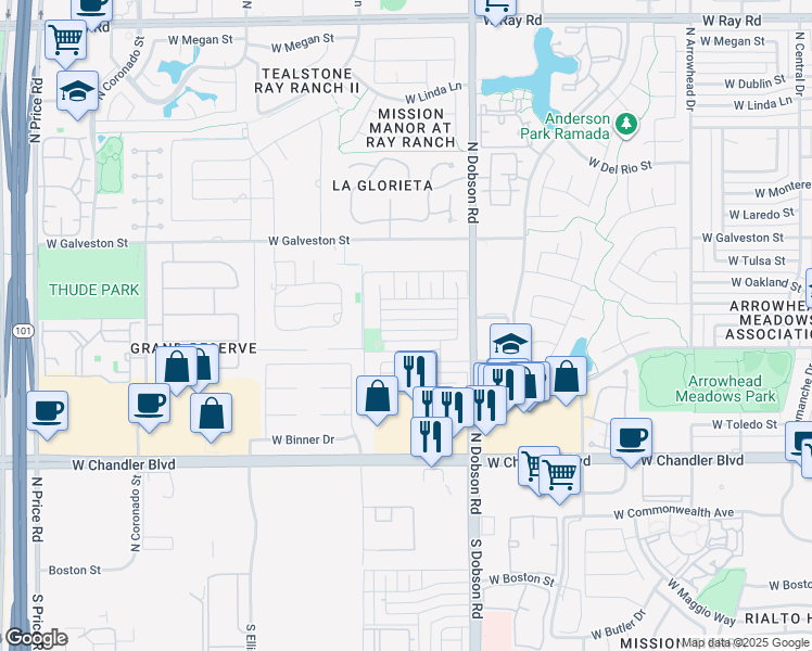 map of restaurants, bars, coffee shops, grocery stores, and more near 2121 West Tyson Street in Chandler