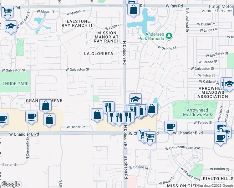map of restaurants, bars, coffee shops, grocery stores, and more near 2007 West Tyson Street in Chandler