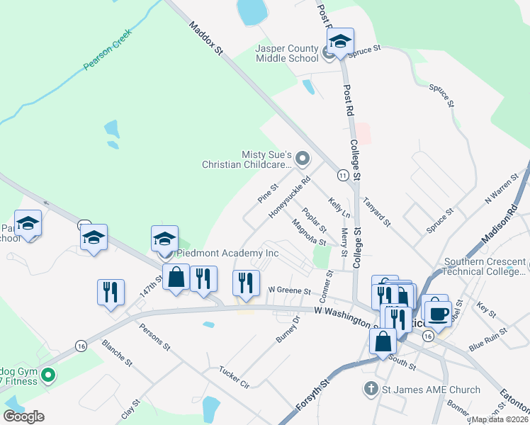 map of restaurants, bars, coffee shops, grocery stores, and more near 166 Honeysuckle Road in Monticello