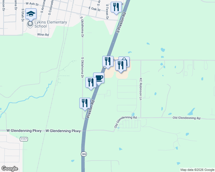 map of restaurants, bars, coffee shops, grocery stores, and more near 1212 South Preston Road in Celina