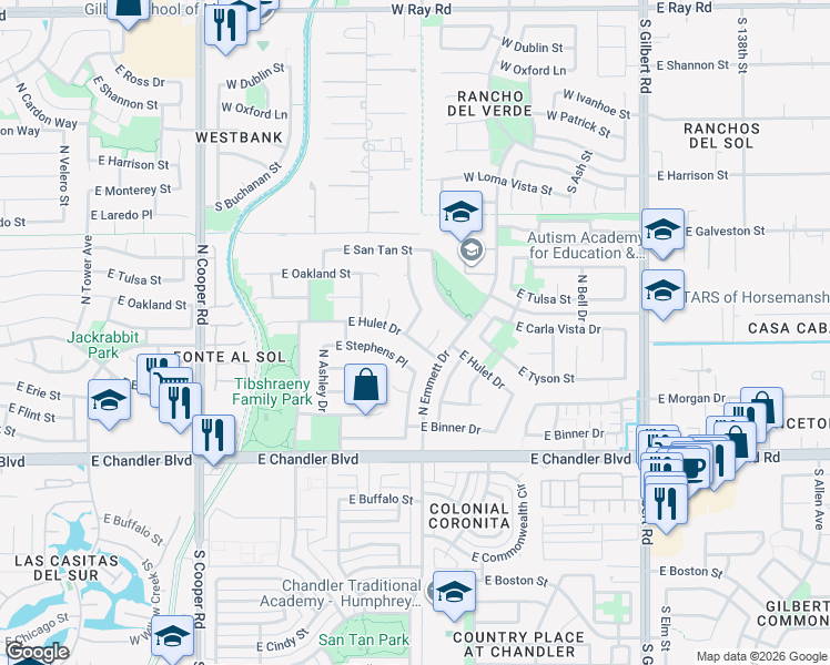 map of restaurants, bars, coffee shops, grocery stores, and more near 2422 East Hulet Drive in Chandler