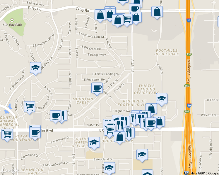 map of restaurants, bars, coffee shops, grocery stores, and more near 15009 South 46th Place in Phoenix