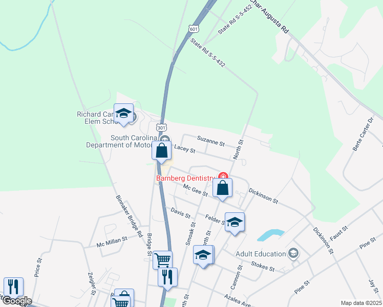 map of restaurants, bars, coffee shops, grocery stores, and more near 209 Lacey Street in Bamberg