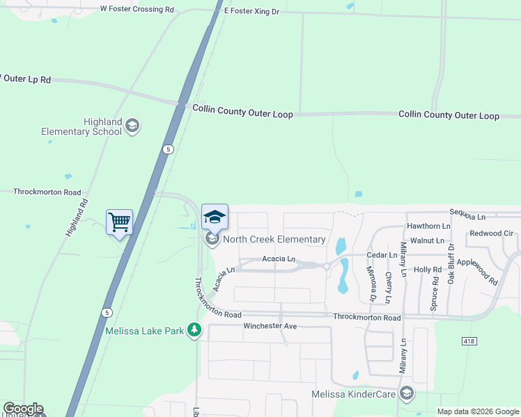map of restaurants, bars, coffee shops, grocery stores, and more near 2817 Willow Lane in Melissa