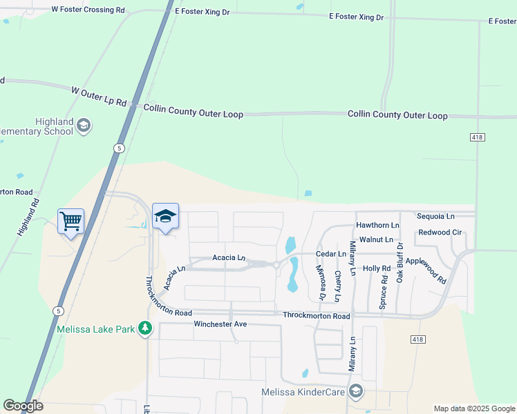 map of restaurants, bars, coffee shops, grocery stores, and more near 3005 Teak Drive in Melissa