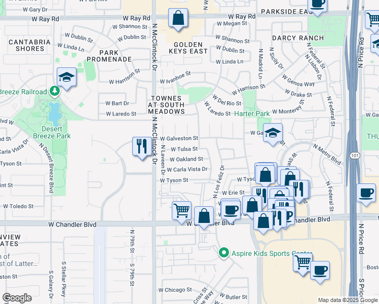 map of restaurants, bars, coffee shops, grocery stores, and more near 3623 West Tulsa Street in Chandler