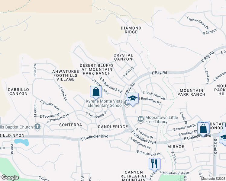 map of restaurants, bars, coffee shops, grocery stores, and more near 2529 East Indigo Brush Road in Phoenix