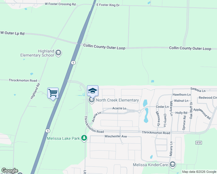 map of restaurants, bars, coffee shops, grocery stores, and more near 2817 Willow Lane in Melissa