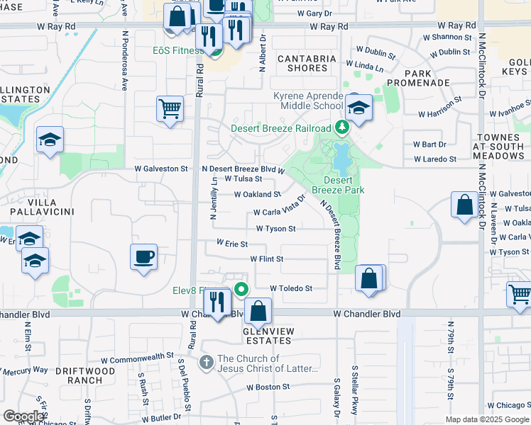 map of restaurants, bars, coffee shops, grocery stores, and more near 3200 West Ray Road in Chandler