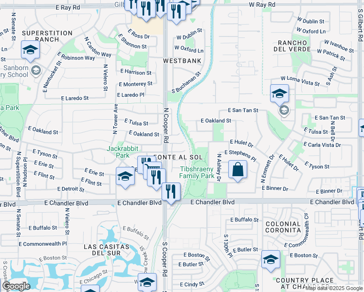 map of restaurants, bars, coffee shops, grocery stores, and more near 2075 East Hulet Drive in Chandler