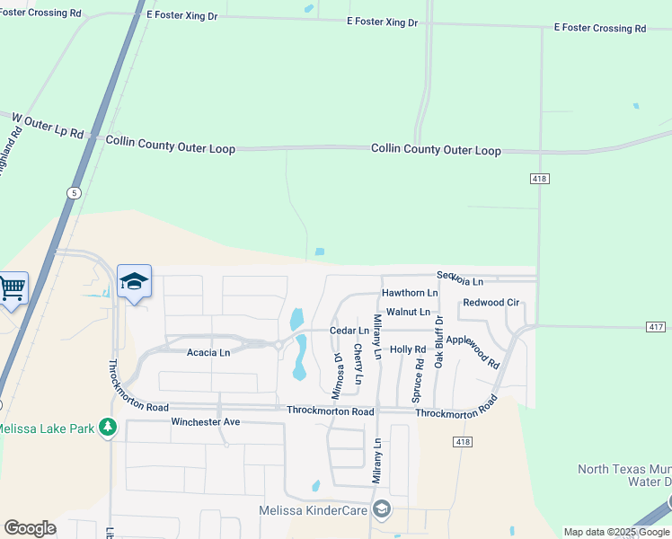map of restaurants, bars, coffee shops, grocery stores, and more near 3309 Sequoia Lane in Melissa