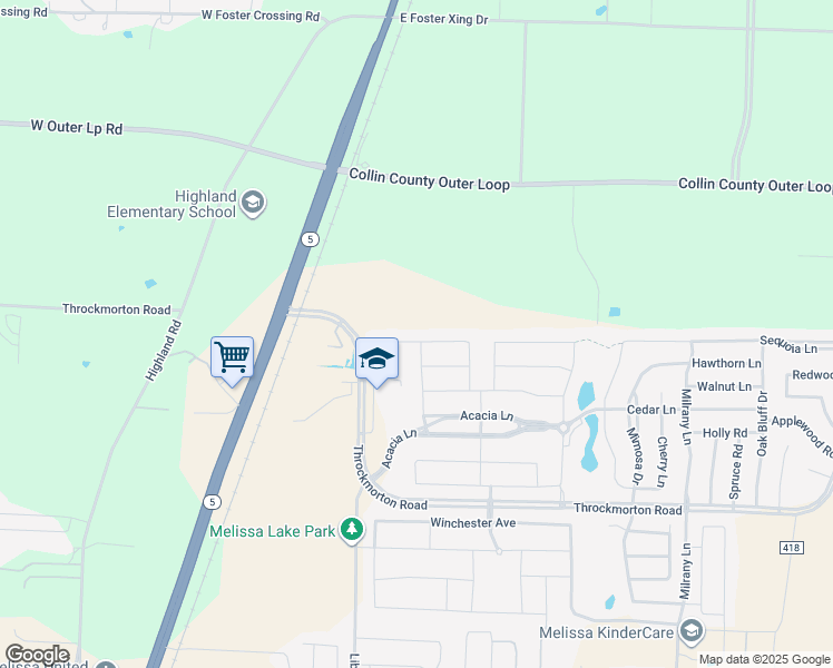 map of restaurants, bars, coffee shops, grocery stores, and more near 2718 Willow Lane in Melissa