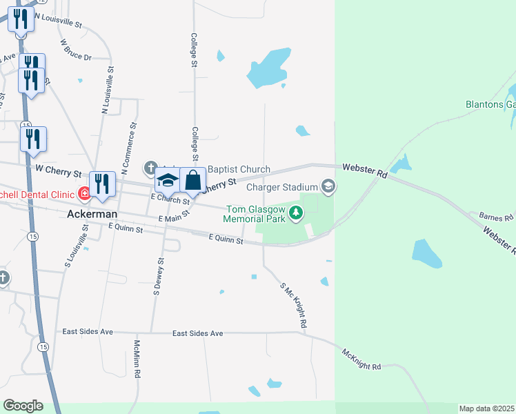 map of restaurants, bars, coffee shops, grocery stores, and more near 344354 East Church Street in Ackerman