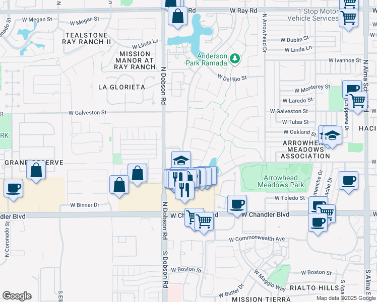 map of restaurants, bars, coffee shops, grocery stores, and more near 1797 West Carla Vista Drive in Chandler