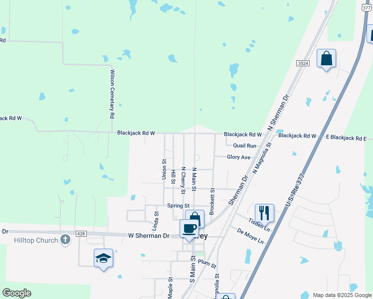 map of restaurants, bars, coffee shops, grocery stores, and more near 610 N Cherry St in Aubrey