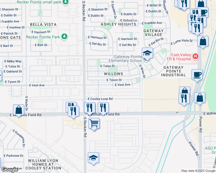 map of restaurants, bars, coffee shops, grocery stores, and more near 4151 East Vest Avenue in Gilbert