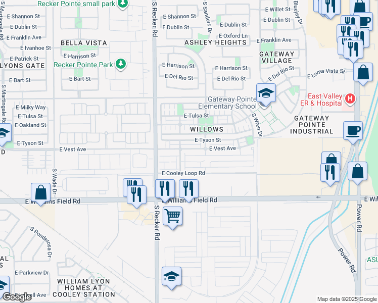 map of restaurants, bars, coffee shops, grocery stores, and more near 4151 East Vest Avenue in Gilbert