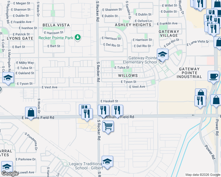 map of restaurants, bars, coffee shops, grocery stores, and more near 2216 South Swallow Lane in Gilbert