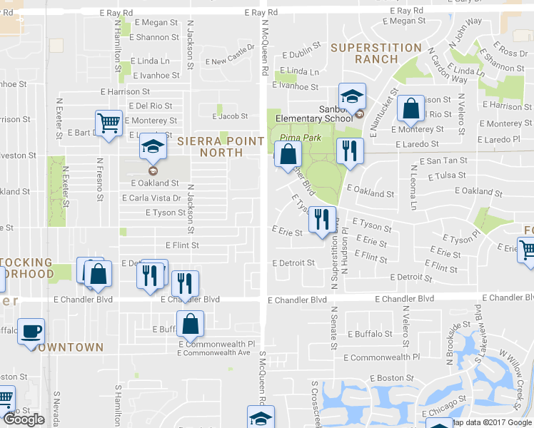 map of restaurants, bars, coffee shops, grocery stores, and more near in Chandler