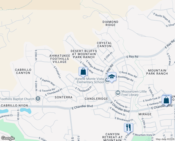 map of restaurants, bars, coffee shops, grocery stores, and more near 2509 East Taxidea Way in Phoenix