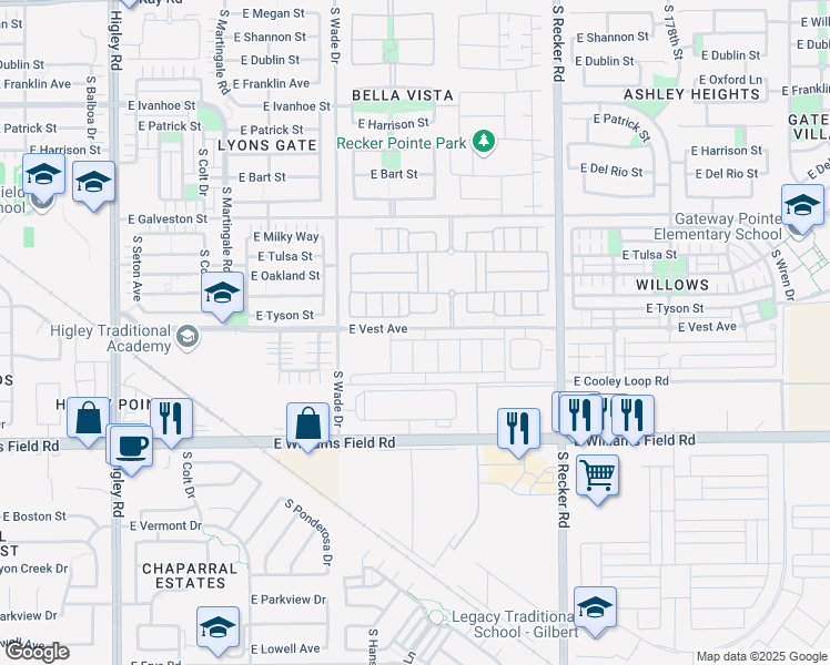 map of restaurants, bars, coffee shops, grocery stores, and more near 3740 East Vest Avenue in Gilbert