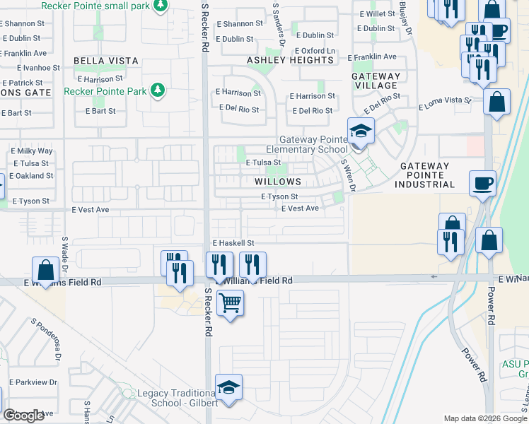 map of restaurants, bars, coffee shops, grocery stores, and more near 4151 East Vest Avenue in Gilbert
