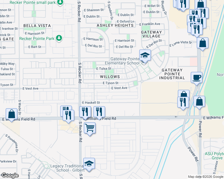 map of restaurants, bars, coffee shops, grocery stores, and more near 4209 East Vest Avenue in Gilbert