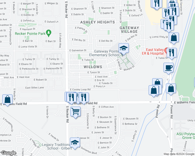 map of restaurants, bars, coffee shops, grocery stores, and more near 4229 East Vest Avenue in Gilbert