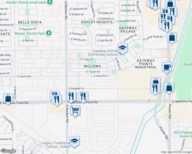 map of restaurants, bars, coffee shops, grocery stores, and more near 4223 East Vest Avenue in Gilbert