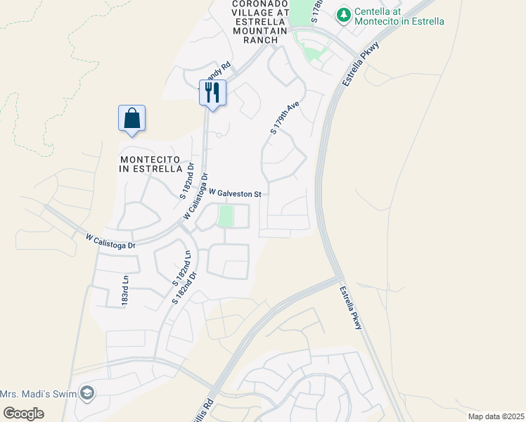 map of restaurants, bars, coffee shops, grocery stores, and more near 14850 South 179th Avenue in Goodyear