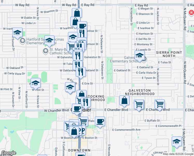 map of restaurants, bars, coffee shops, grocery stores, and more near 445 North Colorado Street in Chandler