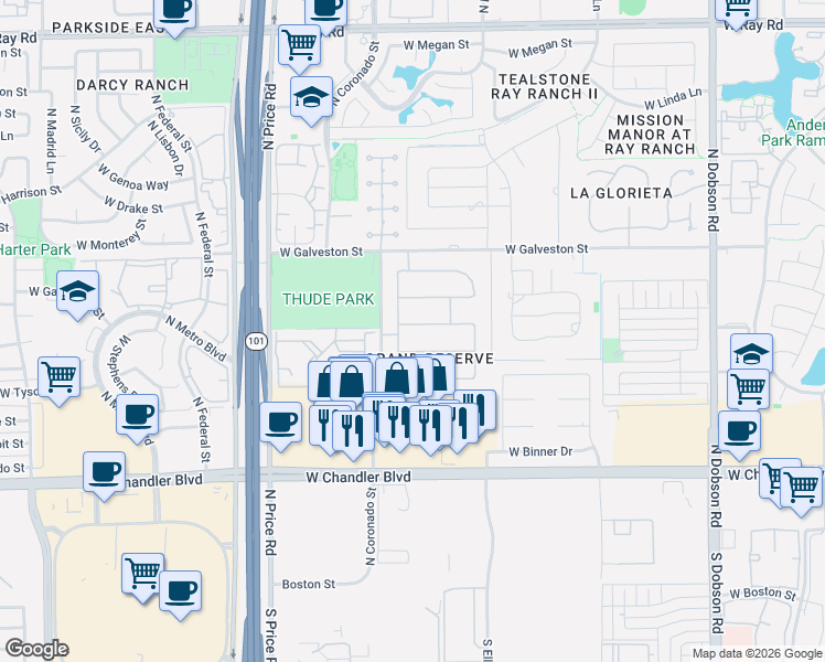 map of restaurants, bars, coffee shops, grocery stores, and more near 2703 West Carla Vista Drive in Chandler