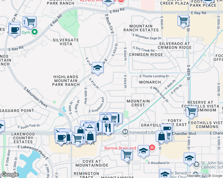 map of restaurants, bars, coffee shops, grocery stores, and more near 4214 East White Aster Street in Phoenix