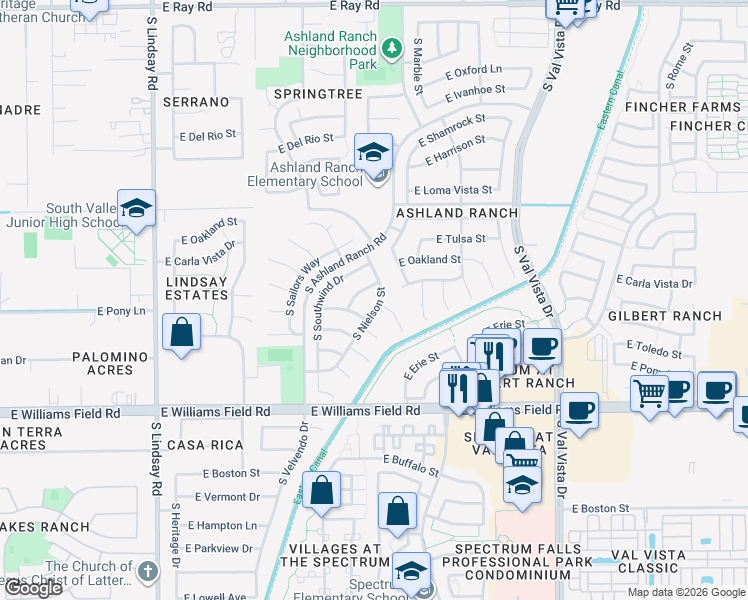map of restaurants, bars, coffee shops, grocery stores, and more near 2192 S Nielson St in Gilbert