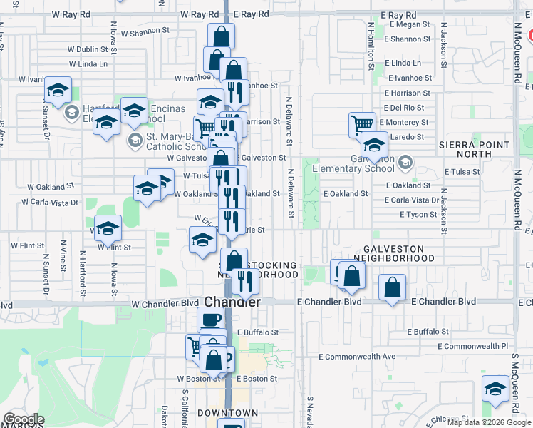 map of restaurants, bars, coffee shops, grocery stores, and more near 445 North Colorado Street in Chandler