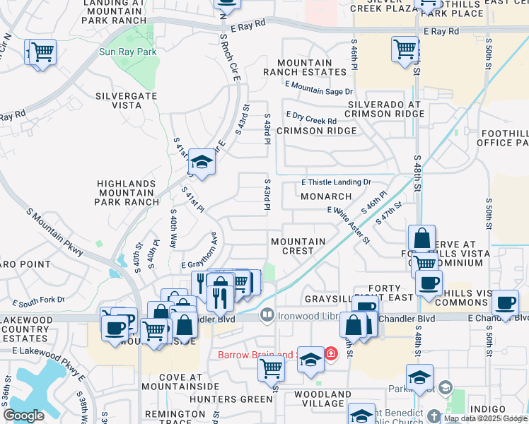 map of restaurants, bars, coffee shops, grocery stores, and more near 4308 East White Aster Street in Phoenix