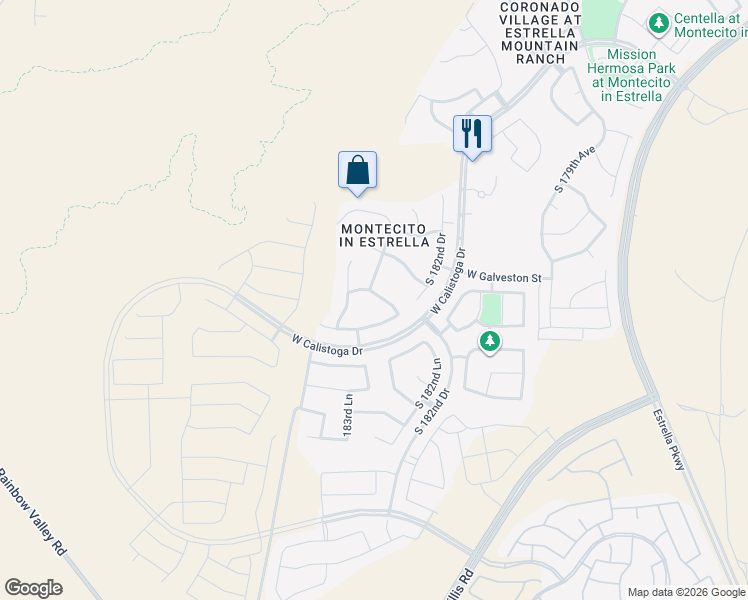 map of restaurants, bars, coffee shops, grocery stores, and more near 18291 West Indigo Brush Road in Goodyear