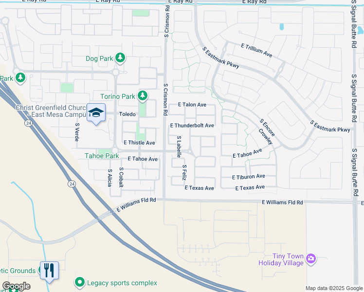 map of restaurants, bars, coffee shops, grocery stores, and more near 10033 East Thistle Avenue in Mesa