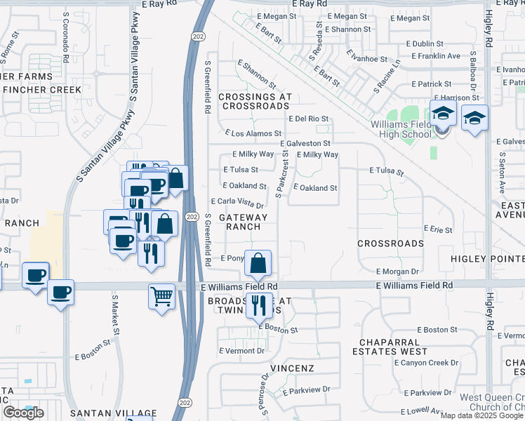 map of restaurants, bars, coffee shops, grocery stores, and more near 2557 East Carla Vista Drive in Gilbert