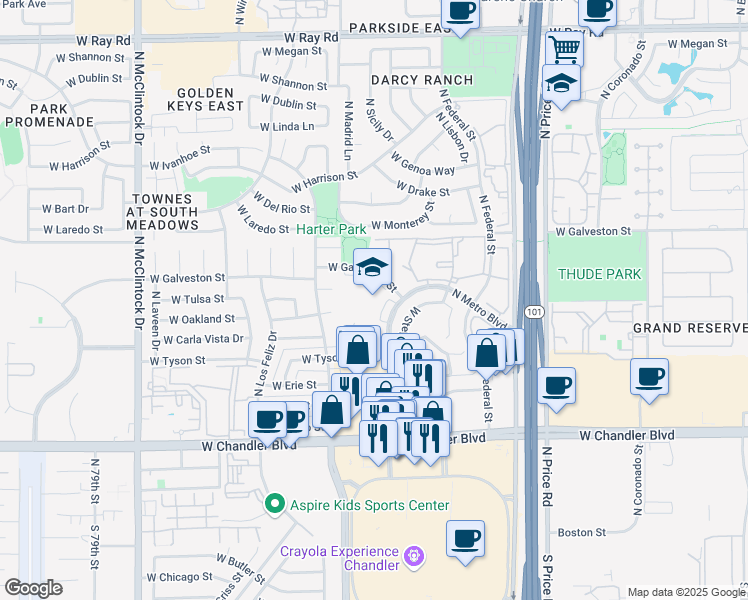 map of restaurants, bars, coffee shops, grocery stores, and more near 3375 West Galveston Street in Chandler