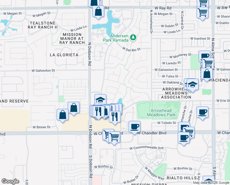 map of restaurants, bars, coffee shops, grocery stores, and more near 1732 West Carla Vista Drive in Chandler