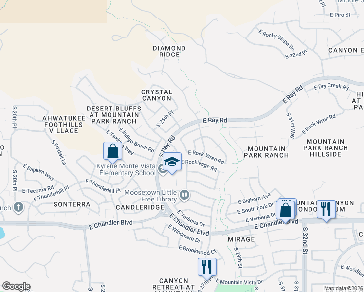 map of restaurants, bars, coffee shops, grocery stores, and more near 2626 East Desert Trumpet Road in Phoenix