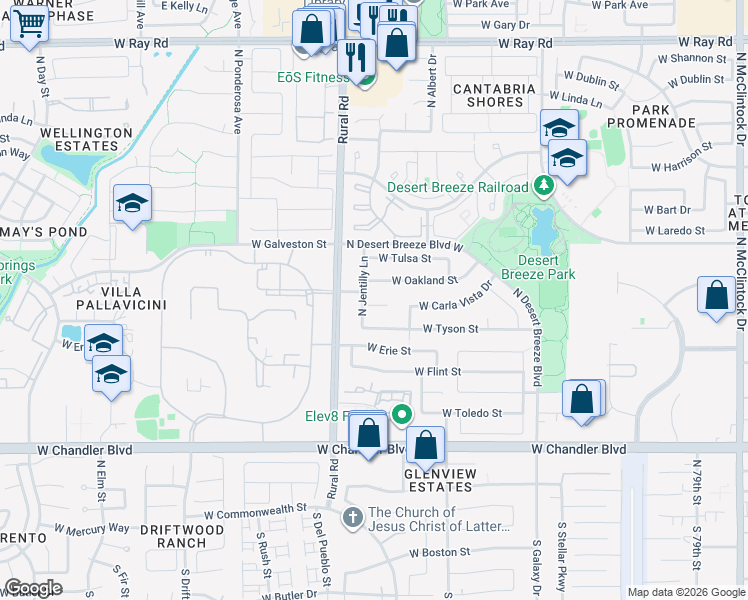 map of restaurants, bars, coffee shops, grocery stores, and more near 4877 West Carla Vista Court in Chandler