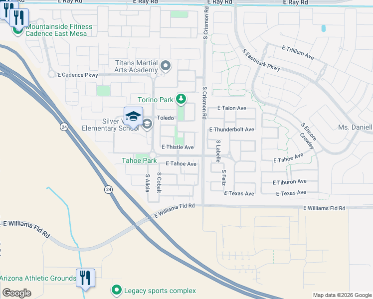 map of restaurants, bars, coffee shops, grocery stores, and more near 9853 East Thistle Avenue in Mesa