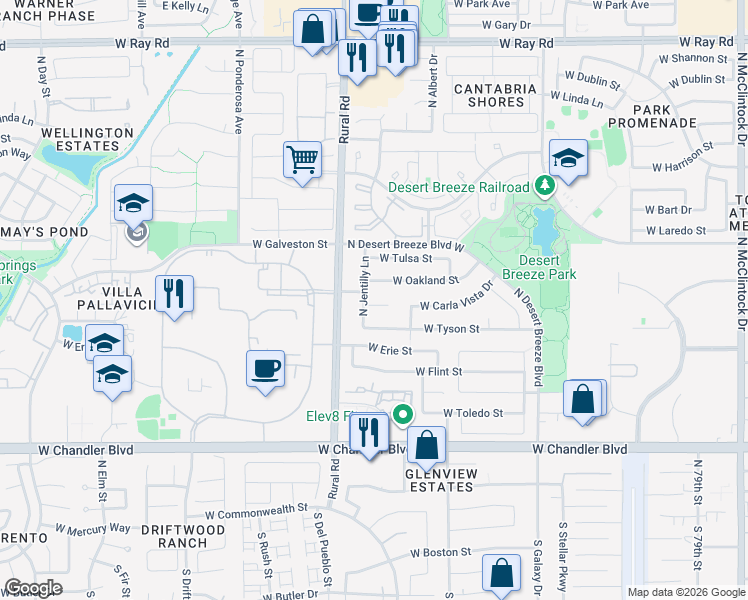 map of restaurants, bars, coffee shops, grocery stores, and more near 4877 West Carla Vista Court in Chandler