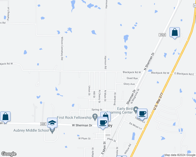 map of restaurants, bars, coffee shops, grocery stores, and more near 610 North Cherry Street in Aubrey