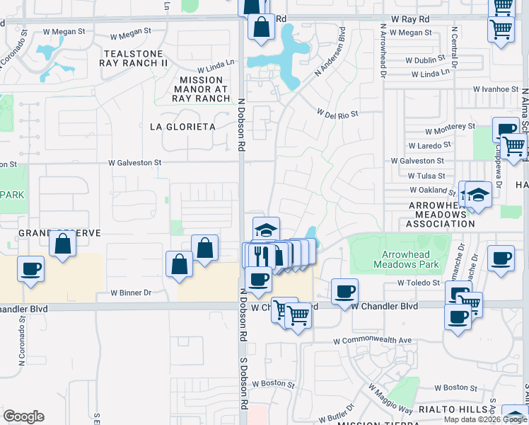 map of restaurants, bars, coffee shops, grocery stores, and more near in Chandler
