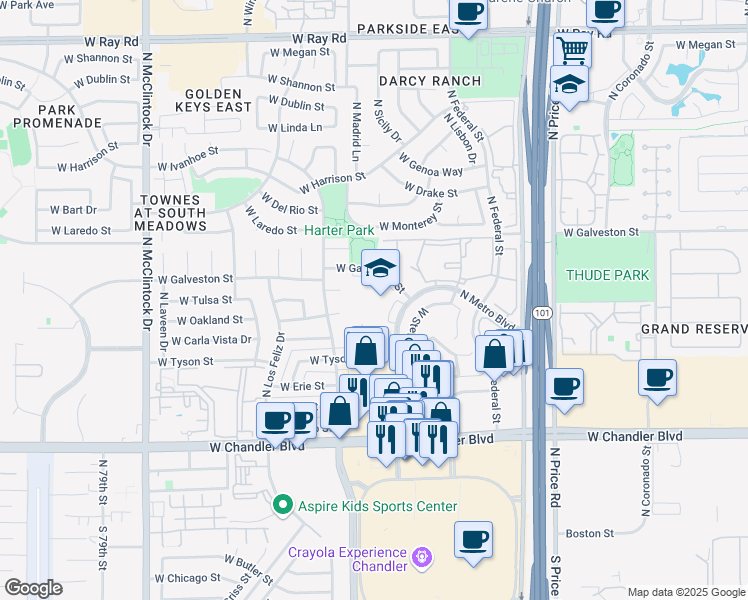 map of restaurants, bars, coffee shops, grocery stores, and more near 3375 West Galveston Street in Chandler